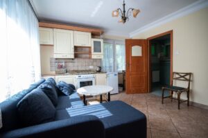 granatowa kanapa, stolik i aneks kuchenny